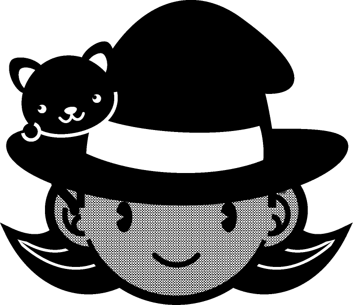魔女の顔と黒猫イラスト/モノクロ