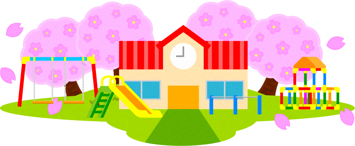 幼稚園の建物と桜のイラスト