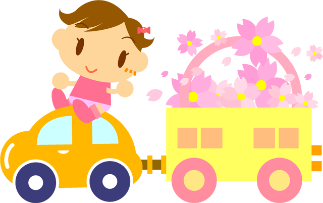 玩具の車に桜の花をたくさん積んで走る子供イラスト/女の子