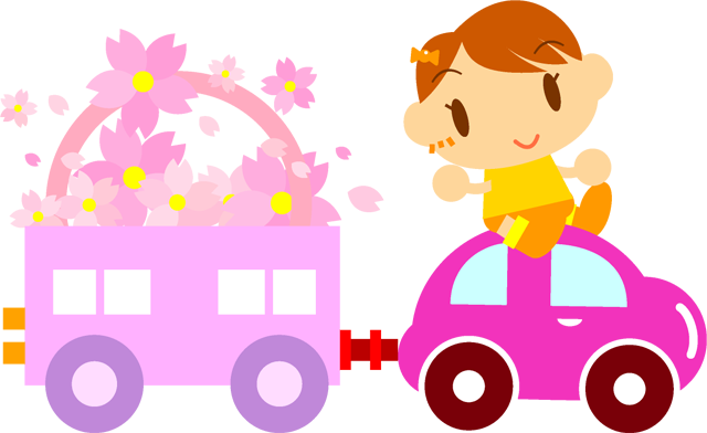 玩具の車に桜の花をたくさん積んで走る子供イラスト/女の子2