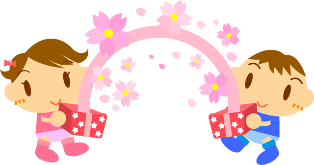 桜の花のアーチと子供イラスト