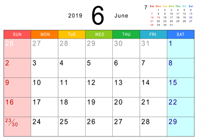 2019年のカレンダー/6月_シンプル