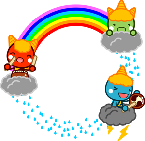 鬼たちと虹と雨の飾り罫イラスト