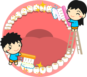 むし歯予防、歯を磨く幼稚園児の飾り罫イラスト