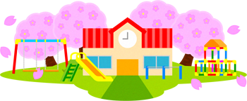 幼稚園の建物と桜のイラスト