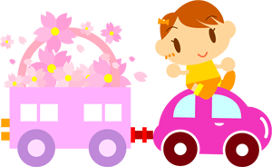 玩具の車に桜の花をたくさん積んで走る子供イラスト/女の子2