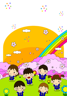 かわいい幼稚園児と桜、虹_A4_文字なし